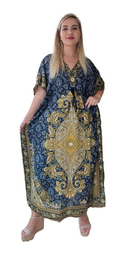 Vestido Kaftan Indiano Longo Estampado Plus Size - Cod. 1801