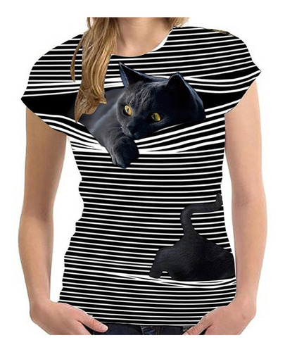 O Camiseta Casual Mujer Estampado Gato 3d Verano 0481 