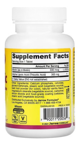 Jarrow Sustancia Alfa-lipoica Con Biotina 300 Mg 120 Tabs Sabor Sin Sabor