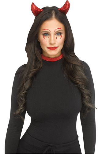 Kit 3pz Diablita Cuernos Choker Tatuaje Rostro Glitter Halloween Diablo