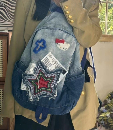 2025 Mochila De Mezclilla For Estudiantes Con Bloques De Color