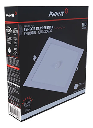 Painel Led 18w Embutir Quadrado Sensor Presença 6500k Avant Cor Branco 110V/220V