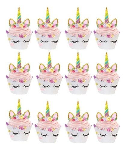 Set 12 Envoltorios Y Toppers Para Cupcake Unicornio 