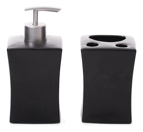 Kit Banheiro 2 Porcelana Dispenser Porta Escova Preto Wincy