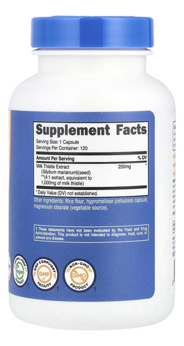 Nutricost Milk Thistle Cardo Mariano 1000mg 120 Cápsulas Sabor Sin Sabor