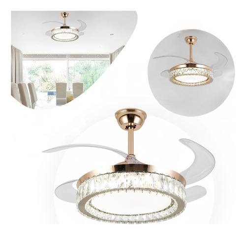 Luminária Elo Ventilador Teto Retratil Controle Led 3 Cores Estrutura Dourado Pás Transparente Diâmetro 46 Cm Frequência 60 Material Das Pás Acrílico Quantidade De Pás 4 127/220v