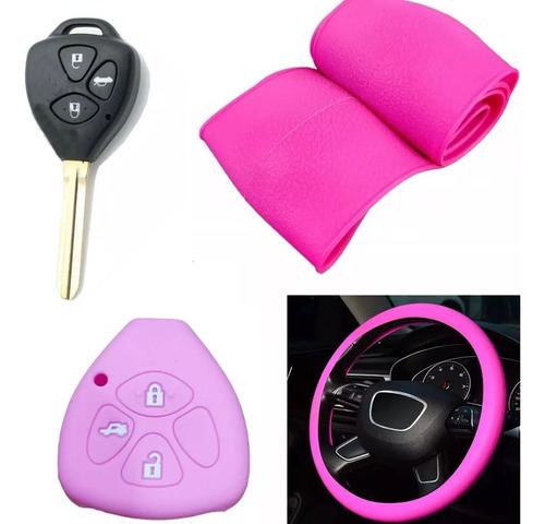 Cubre Volante + Funda Llave Silicona 3 Botones Toyota Rosa