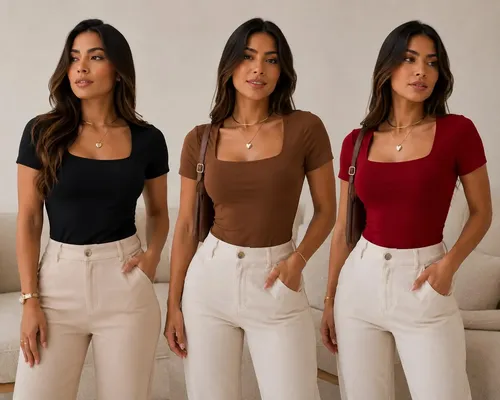 Kit 3 Blusas Gola Quadrada Feminia Moda Manga Curta Preto Marrom Vermelho G