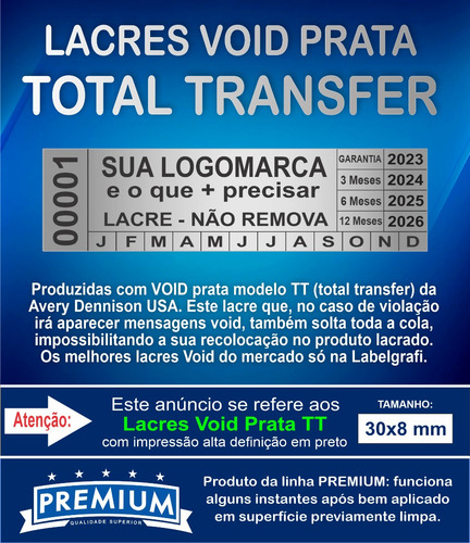 Lacre Void Prata Premium 30x8mm 540 Unid Numerado Datado Pb