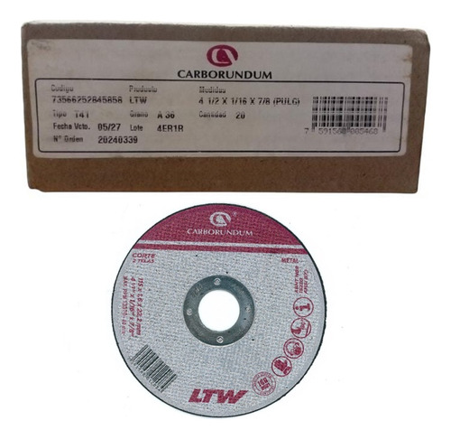 Disco Corte P/metal 4.1/2 X 1.6x 22.2mm Ltw - Caja X 20pz