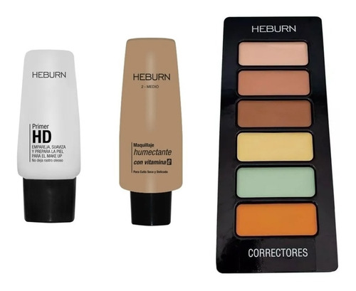 Kit Maquillaje Primer + Base + Correctores Heburn Premium 