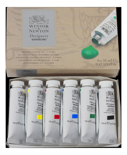 Set primario Tinta Guache Winsor & Newton, 14 ml, con 6 núcleos, color amarillo primario; rojo primario; azul primario; verde permanente en el centro; negro marfil; blanco zinc