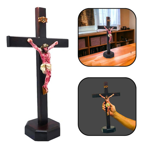Crucifixo Mesa E Parede Madeira Cristo Chagado Resina 40 Cm