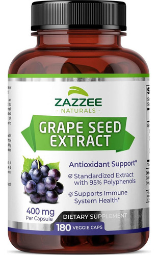 Zazzee Grape Seed Extract 400 Mg Semilla De Uva 180 Cápsulas Sabor Sin Sabor