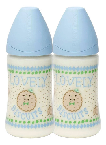 Biberones 270ml/9oz Flujo Medio 2pzas Suavinex Color Azul Claro Lovely Biscuits
