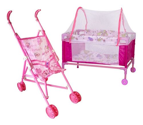 Corral Cuna De Muñeca + Coche,  Juguete Para Niñas