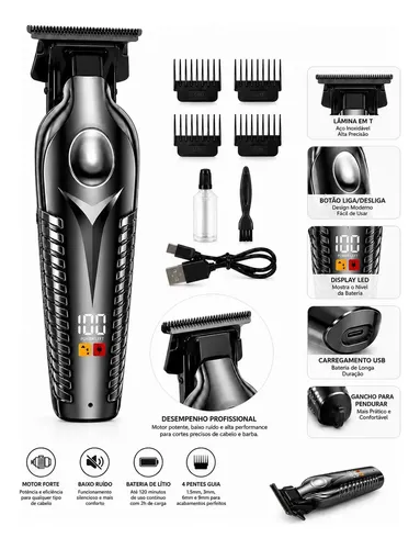 Máquina de Cortar Cabelo Baidi Premium Sem Fio Com Visor LED e 4 Pentes