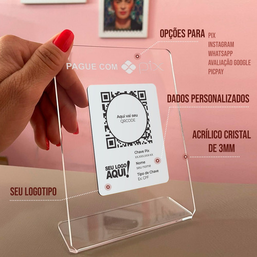 Placa Acrílico Cristal C/ Branco Pix, Whatsapp, Google