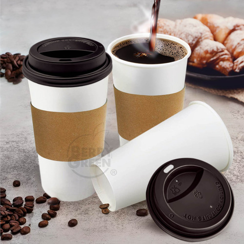 500 Vasos Blancos Para Café Apilables De 20 Oz Desechables Con Tapa Negra Y Manga Fácil de Personalizar