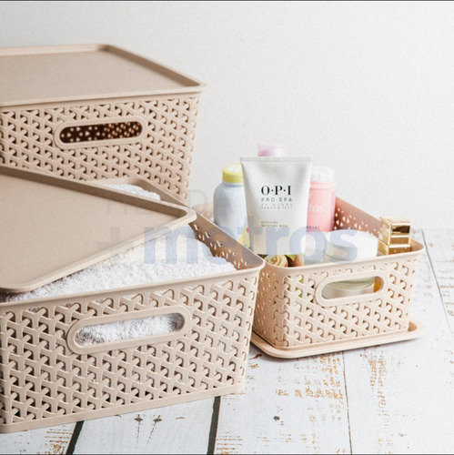 Caja Organizadora Plástica C/ Tapa Apilable Canasto Beige L
