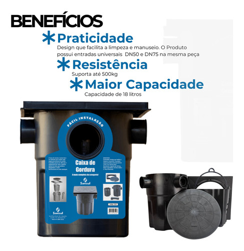 Caixa De Gordura 18 Litros Completa Com Tampa E Cesto 44cm Cor Preto
