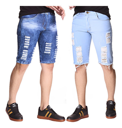 Kit 2 Bermudas Jeans Masculina Skynni Slim Rasgado Destroyed