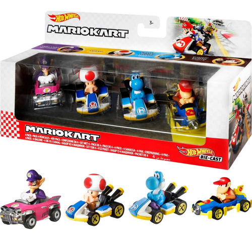 Hot Wheels Mario Kart X4 Blue Yoshi Diddy Kong Toad Waluigi