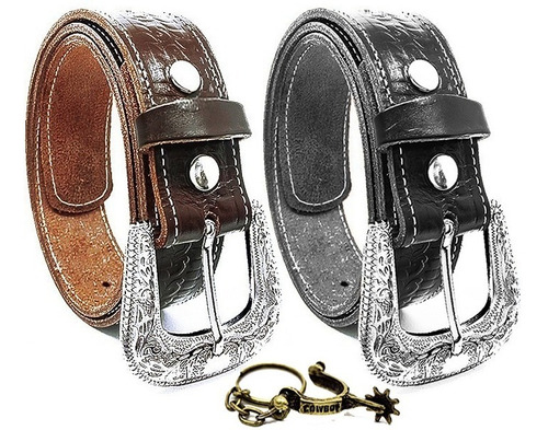 2 Cintos Country Fivela Masculino Couro Legitimo + Chaveiro