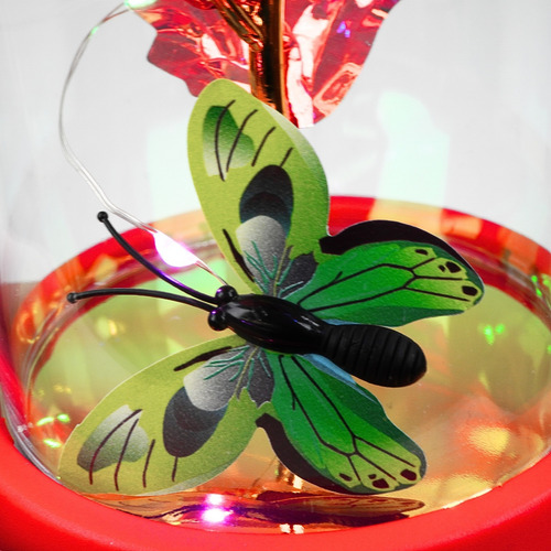 Rosa Eterna Tornasol + Mariposa Con Luz Led Flor Artificial Rojo