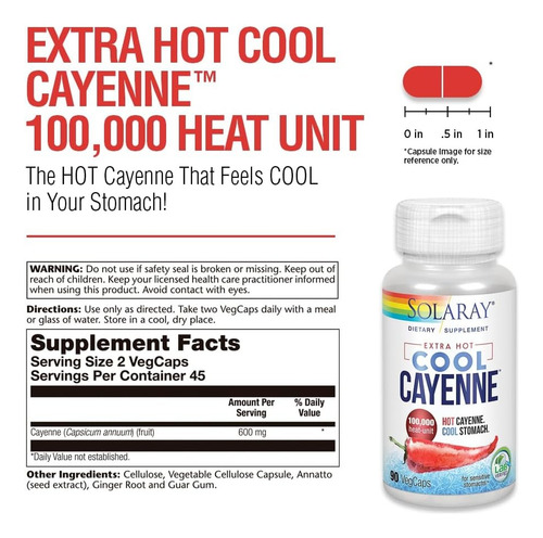 Pimienta Cayenna 100000 Heat Unit Solaray 90 Cápsulas