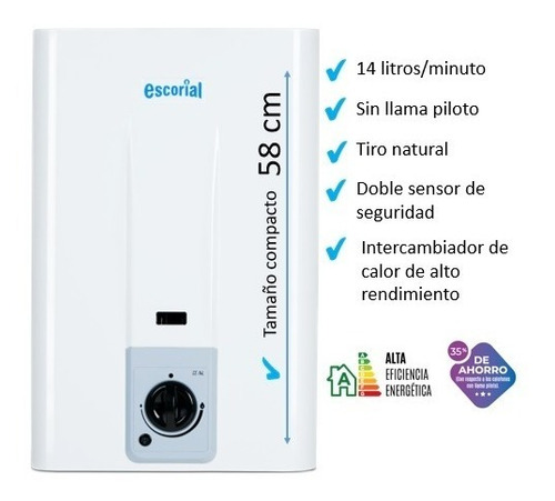 Calefon A Gas Envasado Escorial Sin Llama Piloto 14 Litros