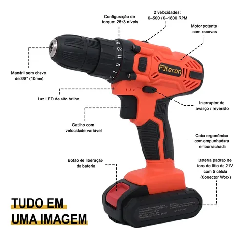 Parafusadeira Furadeira Futeron Sem Fio 21v 2 Baterias Kit