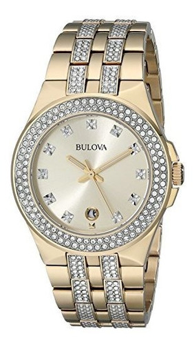 Bulova 42mm Crystal Pav = Goldtone Pulsera De Acero Inoxidab