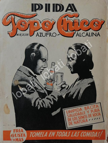 Cartel Vintage Refrescos Agua Mineral Topo Chico 1942 /217