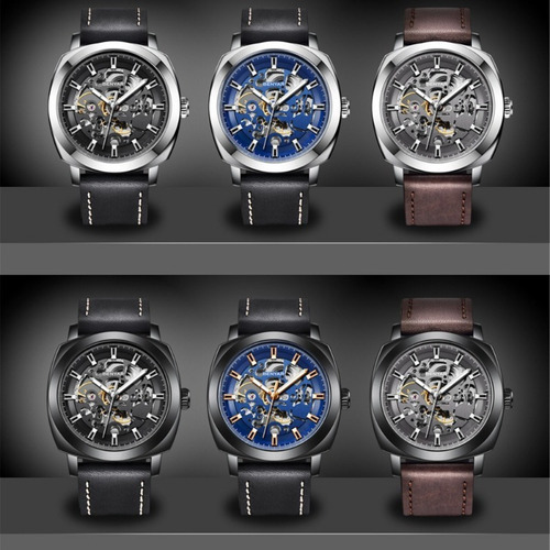 Relojes Mecánicos Casuales De Cuero Hueco Benyar Fondo Plata Negro