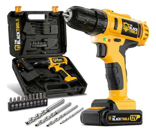 Parafusadeira E Furadeira Sem Fio Bateria 12v Bivolt 3/8 10mm Com Maleta E Acessorios The Black Tools