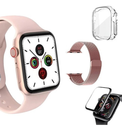 Reloj inteligente W28 Pro Series 8 para hombre y mujer con correa NFC, color rosa, bisel, color negro