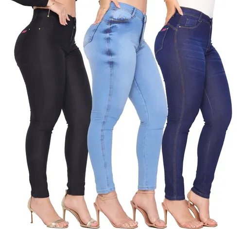 Kit 3 Calça Jeans Feminina Cintura Alta C/ Elastano Lycra
