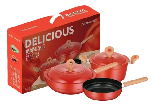 Kit De Panelas Antiaderente 5 Peças Fogão A Gás E Indução Cor Vermelho