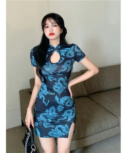 Minivestido Qipao Feminino De Verão Com Estampa De Dragão