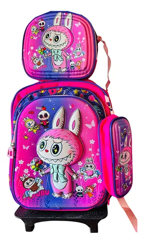 Mochila Con Ruedas 3en1 Escolar Labubu + Lonchera + Estuche