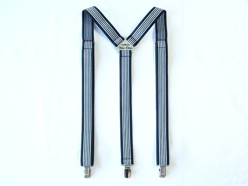 Tirador Pantalón Suspenders Pinza Negro Rayas Blan Pla 3cm