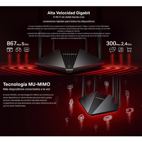 Router Gigabit Wifi De Doble Banda Ac1200, Mercusys Mr30g