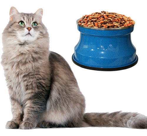 Imagem 1 de 3 de Comedouro Alto Para Gatos Alumínio Azul Gastrobel + Brinde
