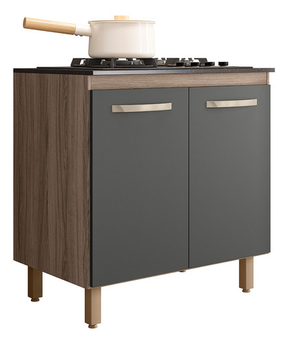 Balcão Armário Cooktop 4 Bocas Com 2 Portas E Prateleira Multiuso Para Cozinha Compacta Cor Carvalho Chumbo