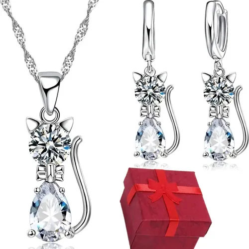 comprar Juego Plata 925 Set Collar Aretes Mujer Gato Cristal Gatico