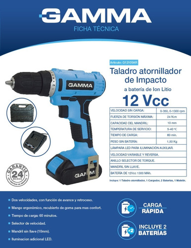 Taladro Atornillador Inalámbrico Gamma 12v G12105 2 Baterías