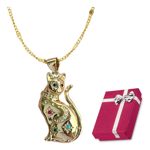 Collar Dije Gato Egipcio Zirconias Chapa Oro 18k Inox Chapado En Oro