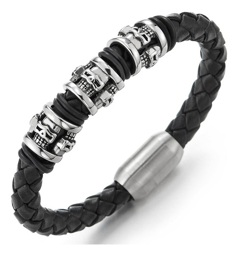 Coolsteelandbeyond Pulsera De Cuero Trenzado Negro Con Dijes
