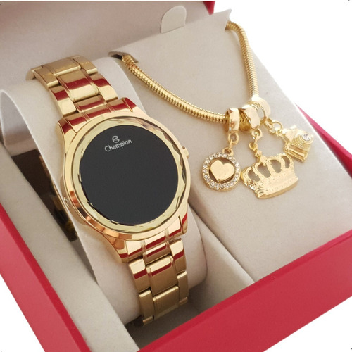Relógio Champion Feminino Digital Dourado Colar E Brincos